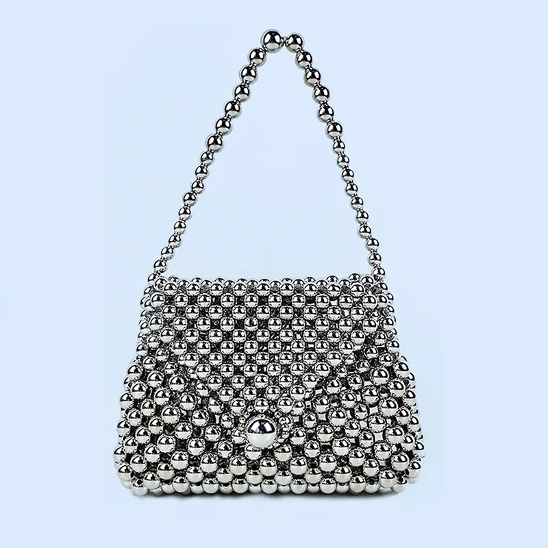 2024 New European and American Fashion Metal Texture Beaded Flip Hand held Banquet Small Square Bag Handmade Finished Bag