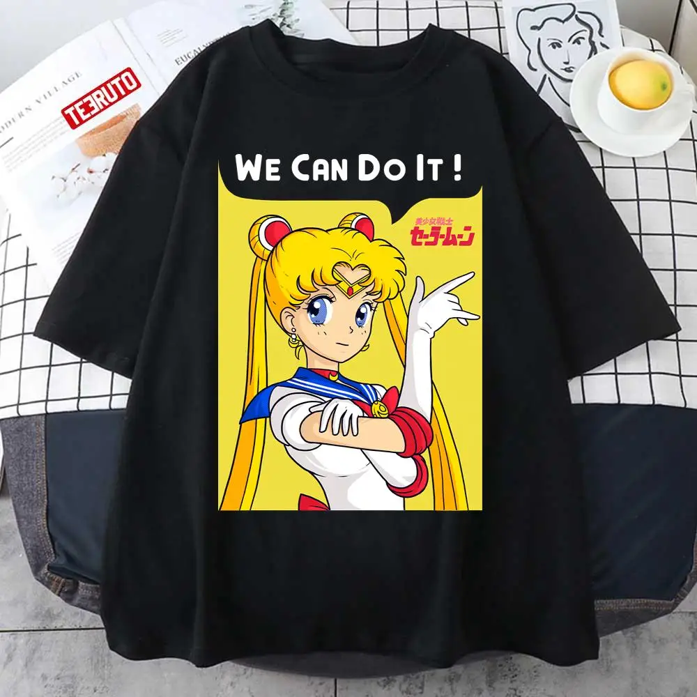 2026 Sommer Sailor Moon "Wir können es schaffen!" Herren T-Shirt mit Retro-Poster-Grafik aus Baumwolle, Übergroß, Atmungsaktiv, Lässiges Kurzarm-Shirt