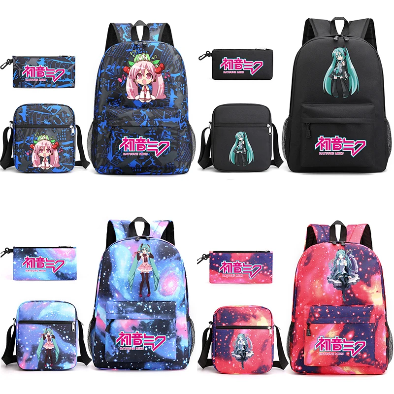 3-ピース-セットアニメ初音ミクプリントバックパックショルダーバッグ鉛筆ケース付きティーンエイジャー学生少年少女スクールバッグ大容量