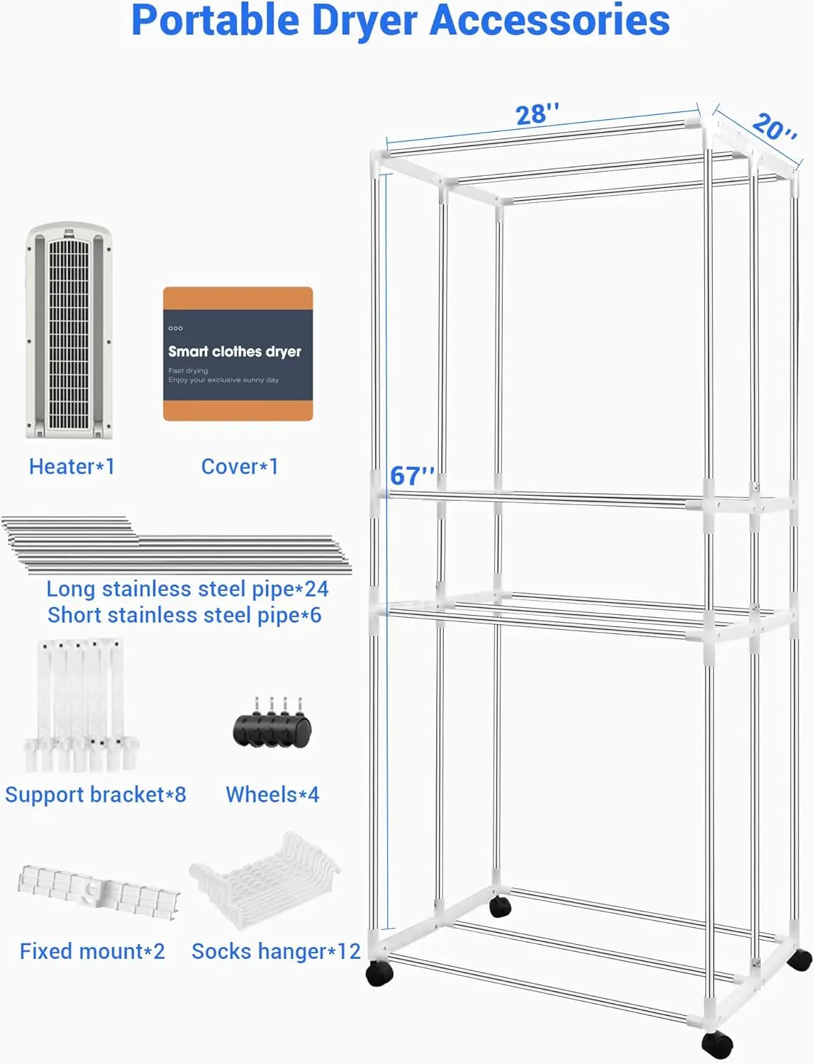 휴대용 110V 1600W 의류 건조기, 아파트, 실내, 여행, RV용 67' 3단 접이식 건조대
