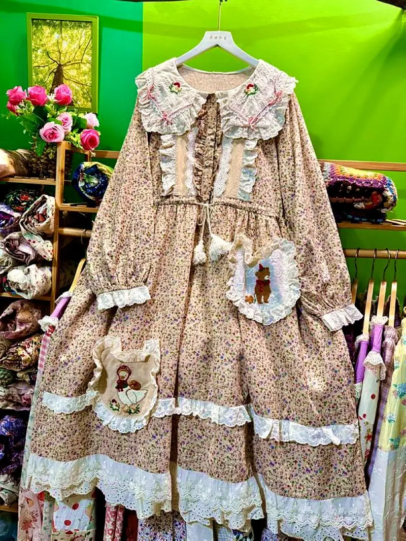 Spring Autumn Cotton Lace Sweet Lolita Patchwork Midi Dress for Women Mori Girl Kawaii Japanese Harajuku Rococo Long Dress