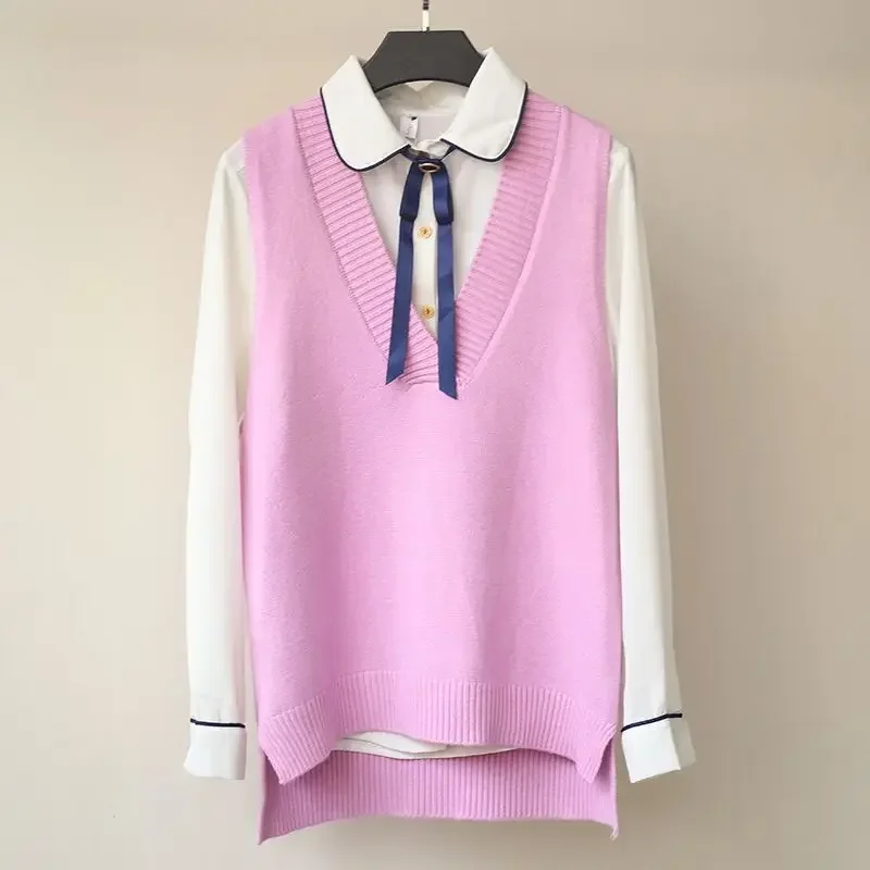 Grey V-neck Vest Ladies Sweaters Pink Knitted Top for Women Jersey Modern Harajuku Fashion Streetwear Y2k Korea Korean Style