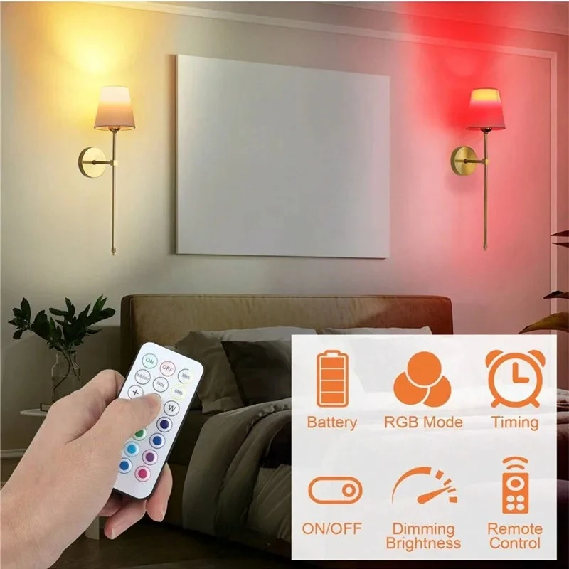 American Retro Wall Lamp Fabric Lampshade Bedroom Bedside Resding Wall Light Bathroom Lamp RGB Battery Light Bulb Night Light