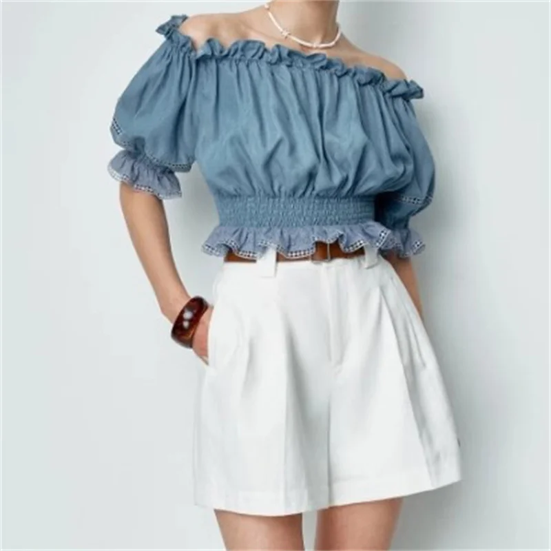 

Women's vest New embroidered hollow short sleeved top for summer 2025 Lace patchwork off shoulder corset cotton blend Crop top