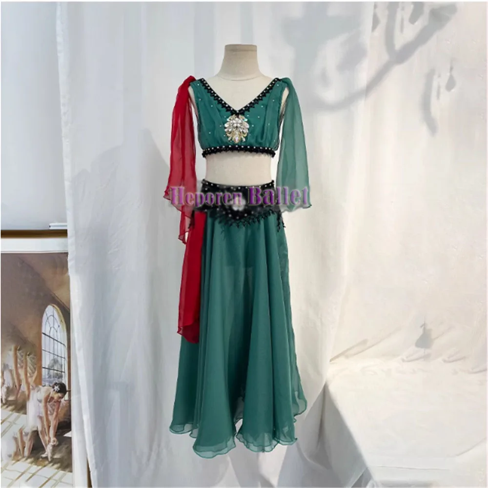 

Professional Woman Ballet "Pirate Midora" Variation Ballet Top And Skirt 2piece For Performance/Balet Green Romantic Long Dress