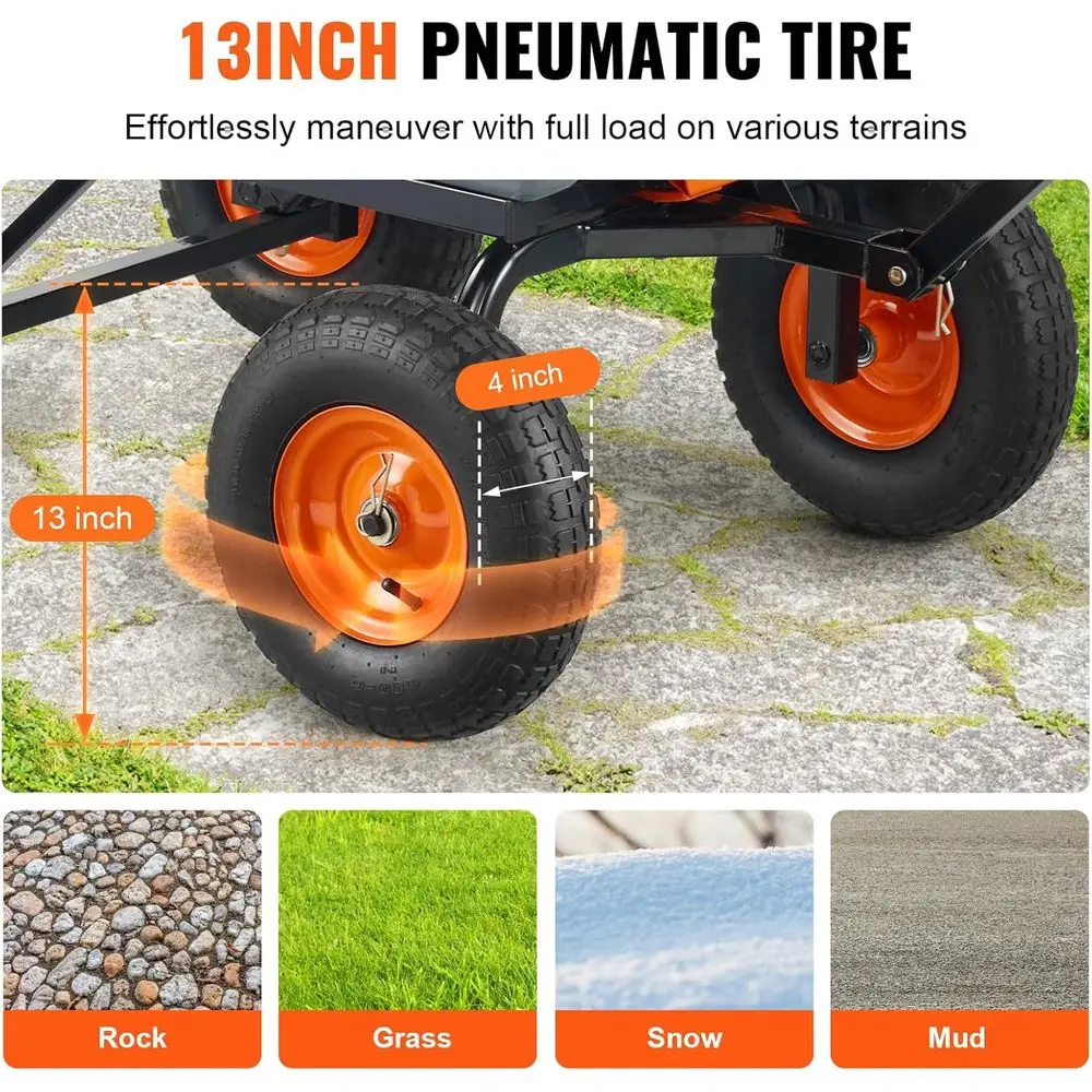 Poly Garden Cart with Steel Frame, 1200 lbs Capacity, Dual-Function Handle, 13 Wheels