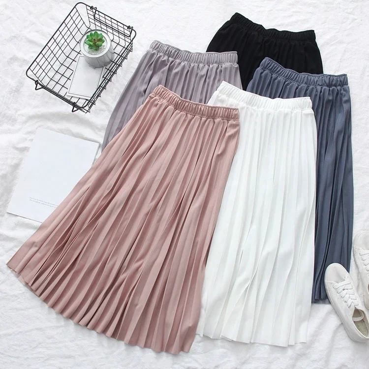 

Fashion Women Elastic Waist High Waist Long Elegant Pleated Skirt Summer Girls Pink Cute Korean Skirt School Lolita Street Style