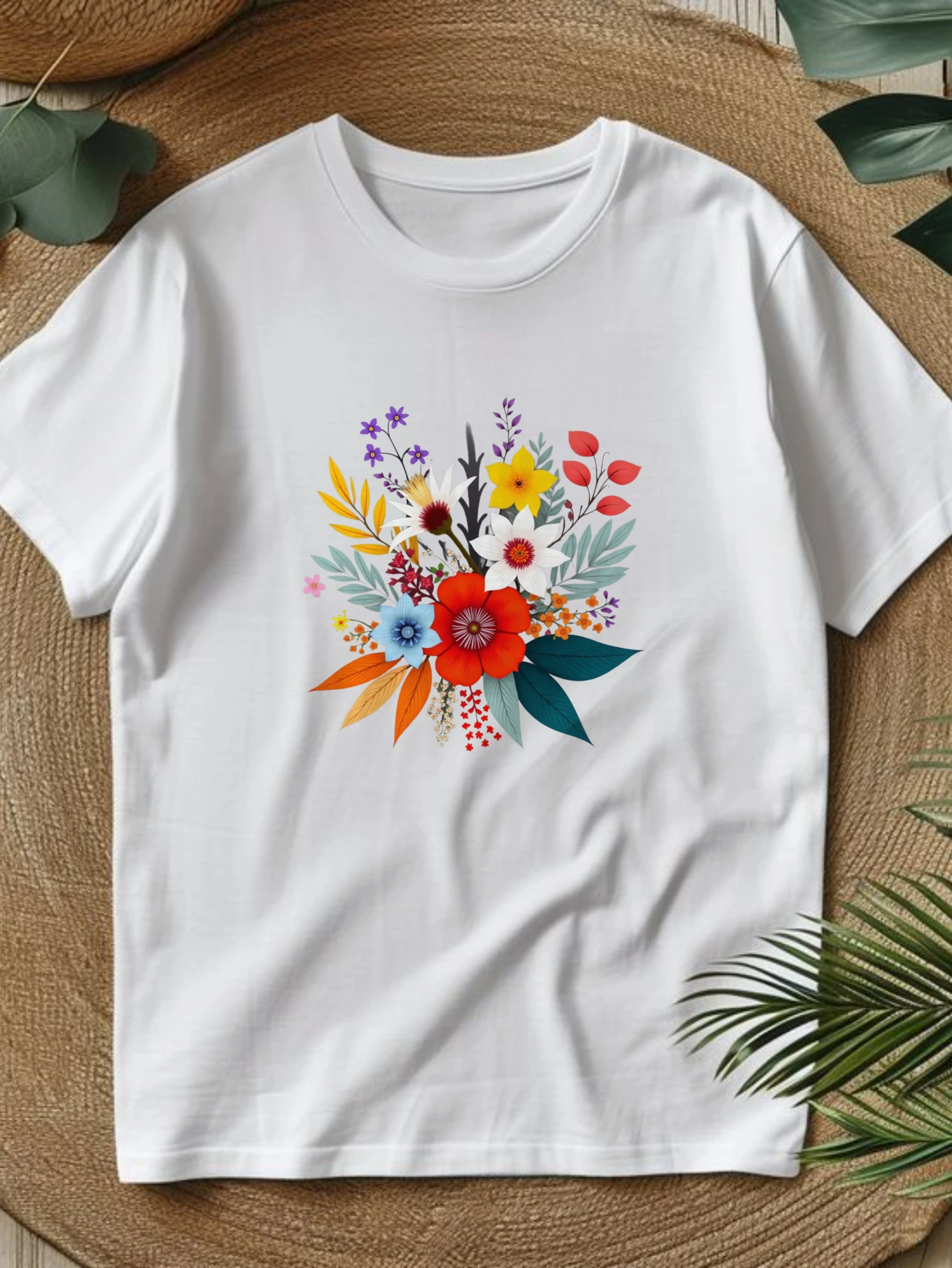 Cute Crop Top, Women's Round Neck T-Shirt, Spring and Summer Women's Clothing, Colorful Floral Print, a Stylish and Casual Choice, Attitude T-Shirt, Local Delivery