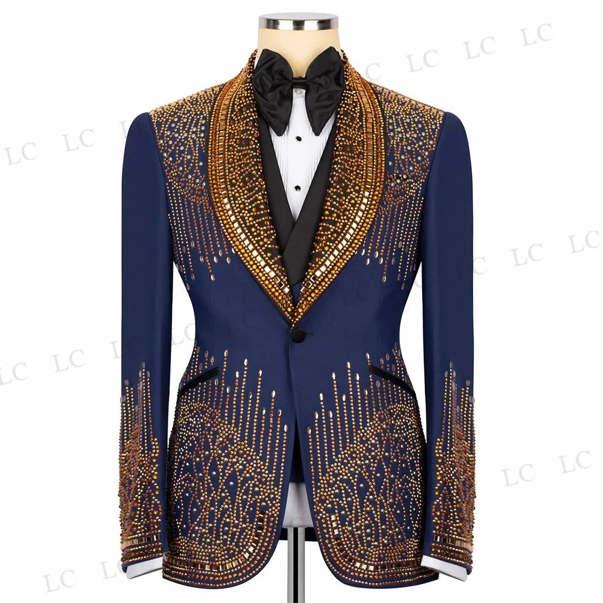Luxury 3 Pieces Men Suits Prom One Button Vest Gold Beads Diamonds Satin Lapel Slits Best Man Wedding Groom Custom Plus Size