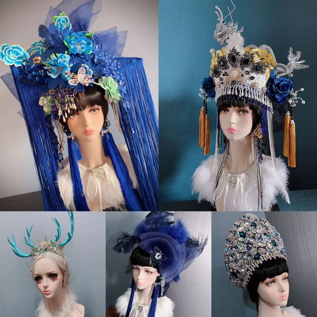 

Chinese National Trend Blue and White Porcelain Style Hair Tiara Stage Show Model Competition Exaggerated Headpiece Cosplay