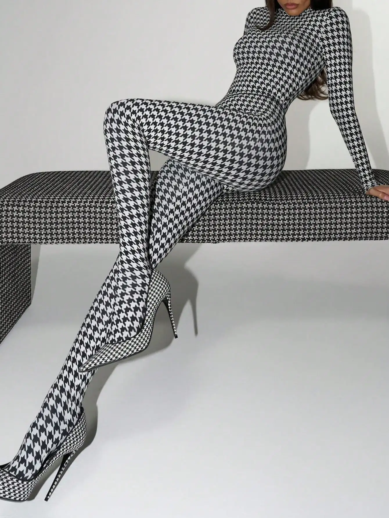 

Женский пижамный комплект с длинными рукавами, узором «гусиная лапка», высоким воротником и брюками в полный рост