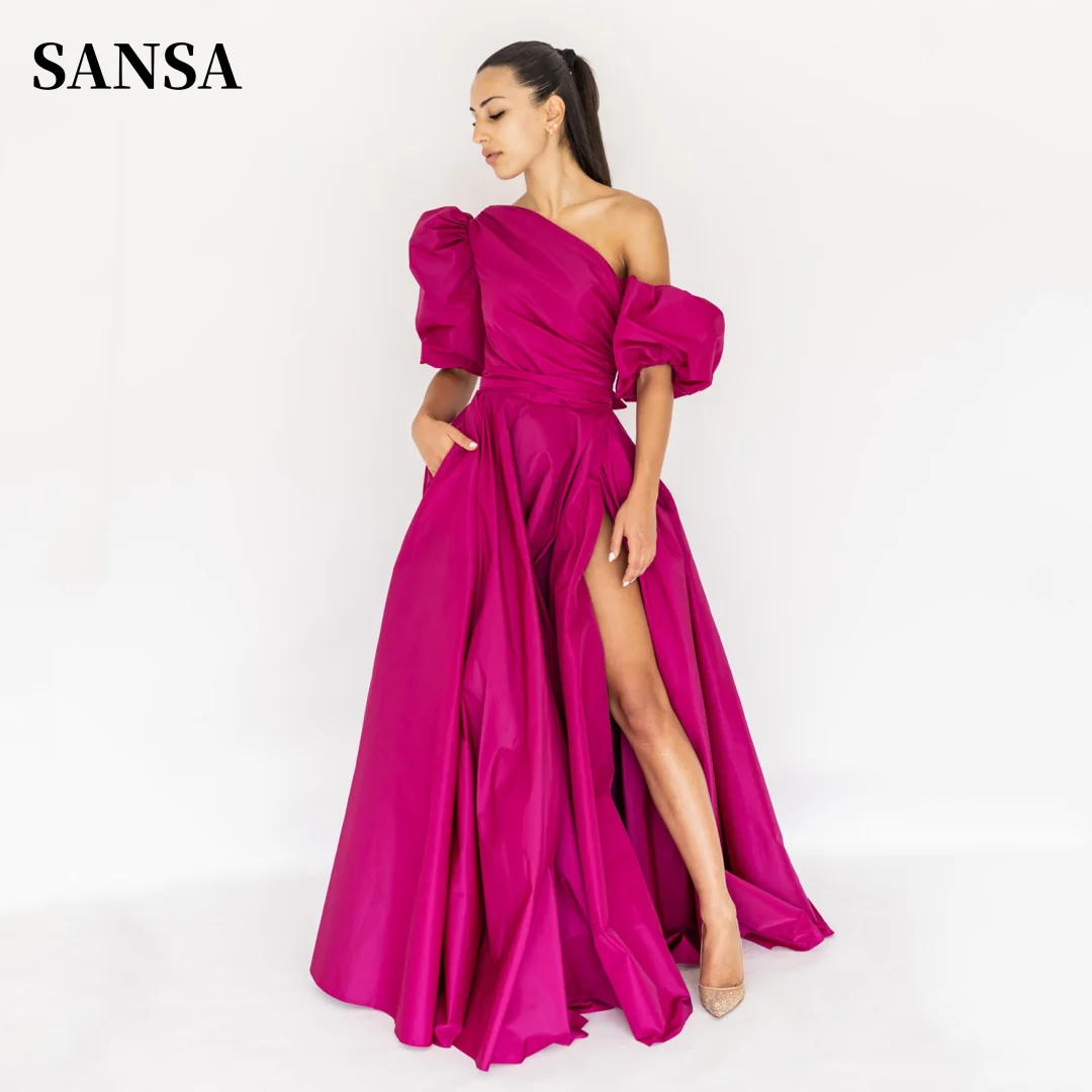 Sansa-Robe de Bal Trapèze à Manches Bouffantes en Taffetas, Élégante, Fendue sur le Côté, 2023