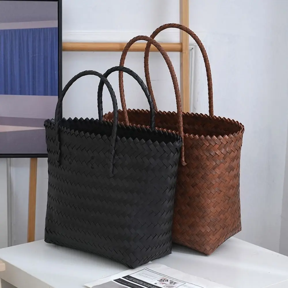 Fashion PP Woven Handbags Bamboo handle Woven Shopping Tote Bags Hollow Large Capacity Crochet Bag Women