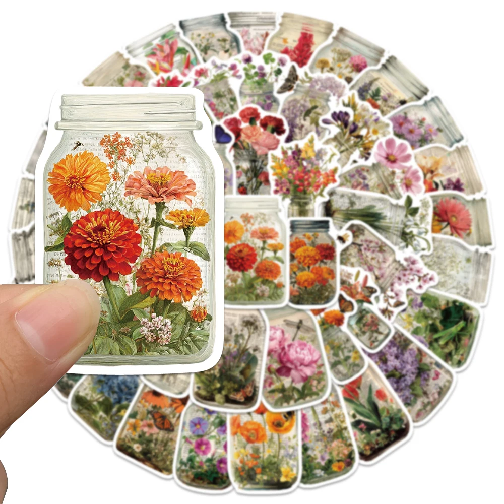 50pcs Retro Flower Bottle Sticker Colorful Aesthetic Decal For Phone Scrapbook Skateboard Decorative Sticker Holiday Gift Toy