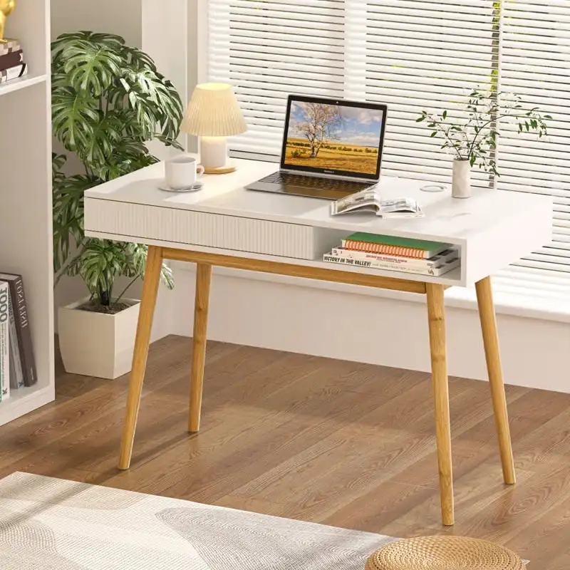 White Mid Century Modern Writing Desk with Drawer - Small Computer Desk for Home Office Elegant fashion design table