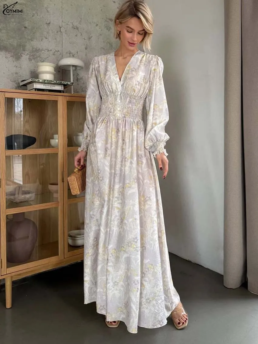 

Oymimi Fashion Light Purple Print Womens Dresses Elegant V-Neck Long Sleeve Button Dresses Casual New High Waisted Loose Dress