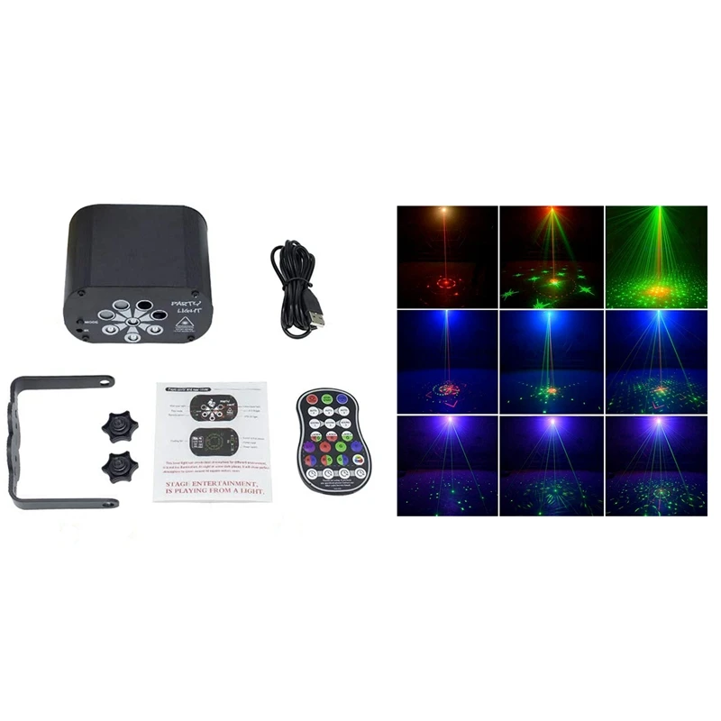 Remote USB Stage Lighting Effect 60 Patterns RGB UV LED 8-Hole Laser-Projector With Auto Sound Control