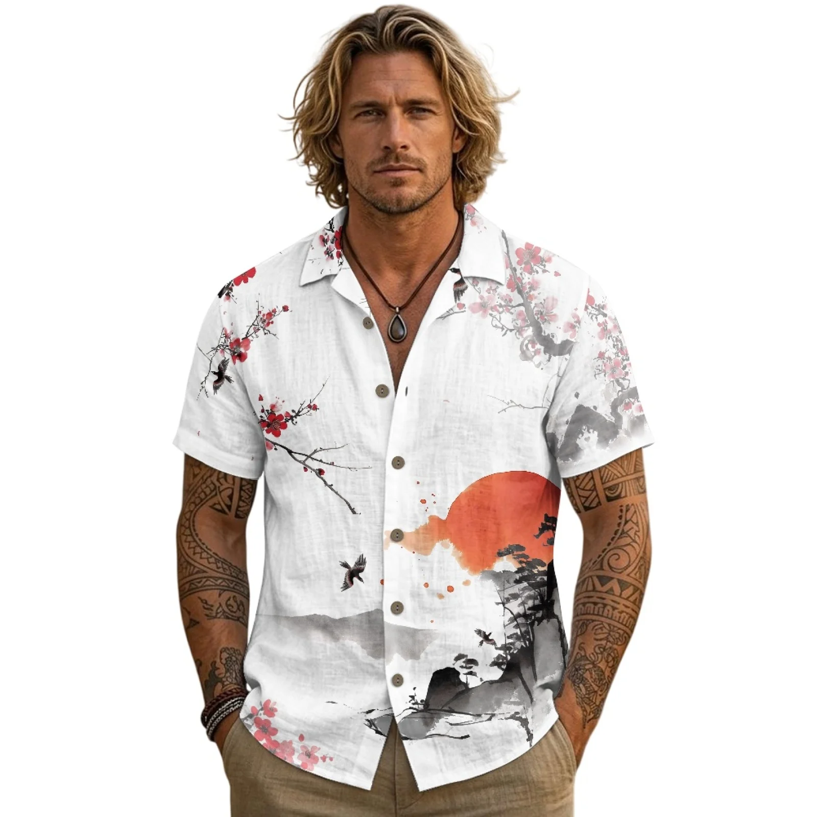 PENSTROLL Ink Landscape Plum Blossom Linen Like Men's Short Sleeve Single Breasted Hawaiian Shirt for Male S-3XL