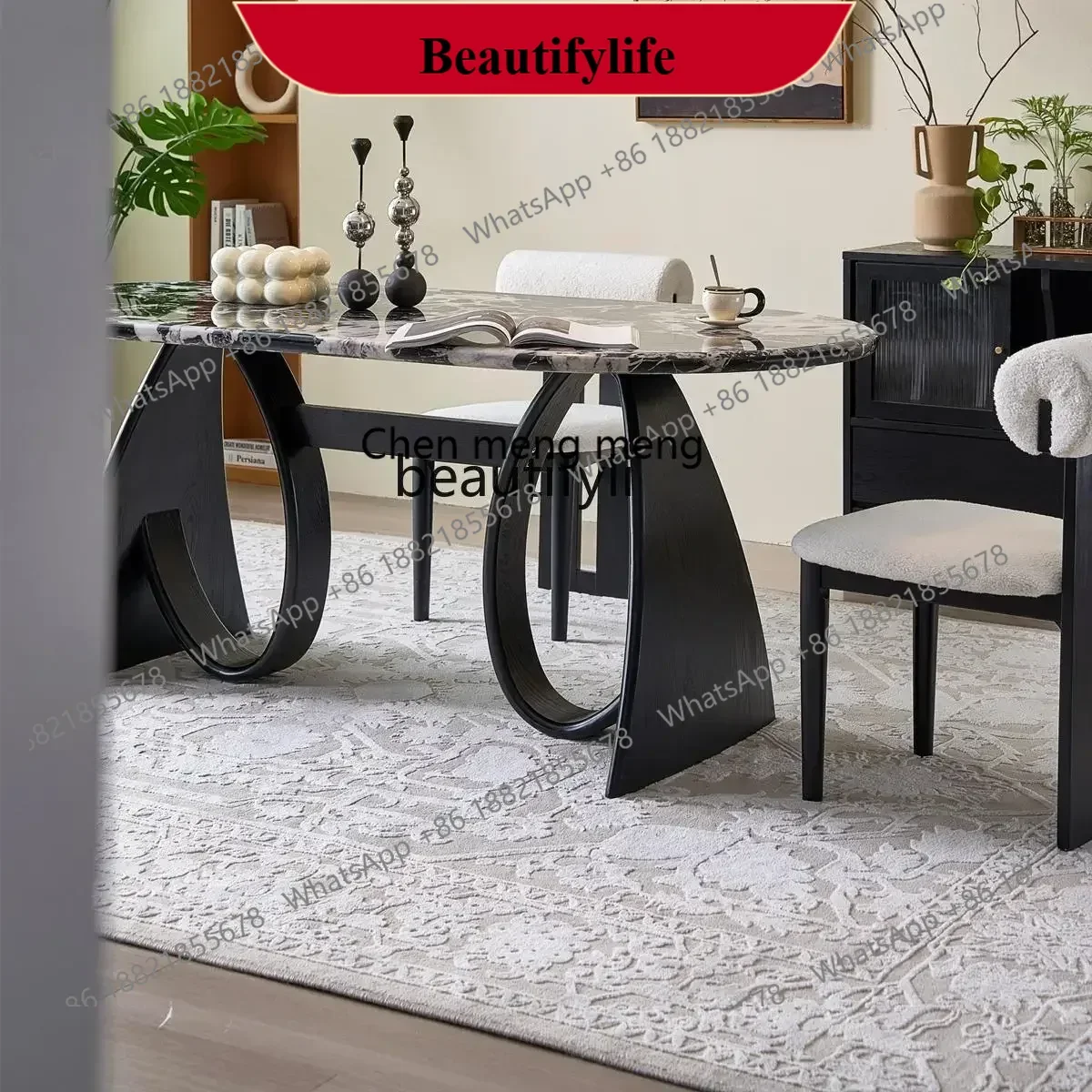 

z183 55 Y Natural marble dining table oval Italian minimalist solid wood legs antique household light luxury dining table