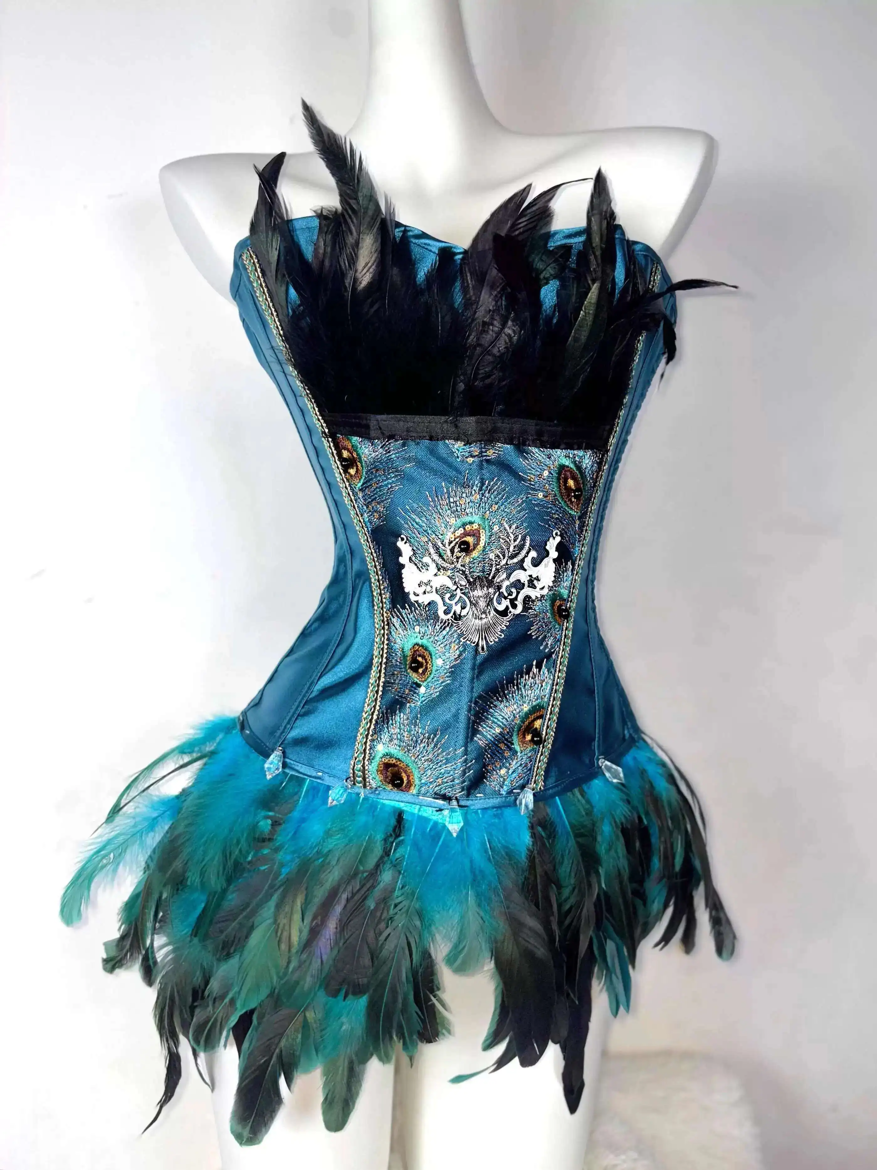 

Handmade Blue-green Peacock Gothic Dark Strap Drawstring Feather Corset Affordable Waist Binding Strapless Top