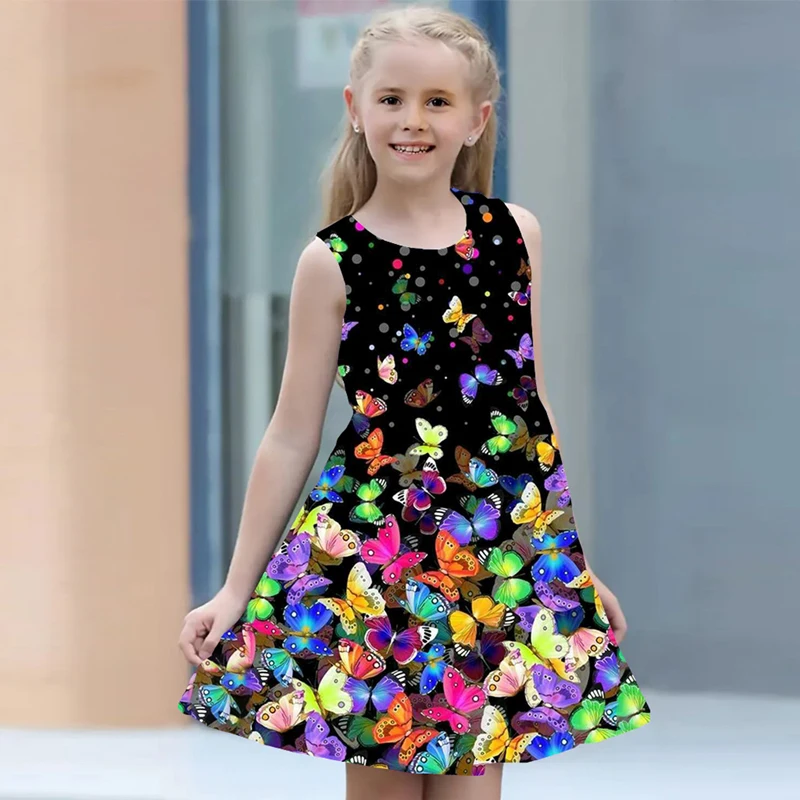 Vestidos de verano para niñas de 2 a 8 años, ropa informal sin mangas con cuello redondo y estampado 3D de mariposa, 2024