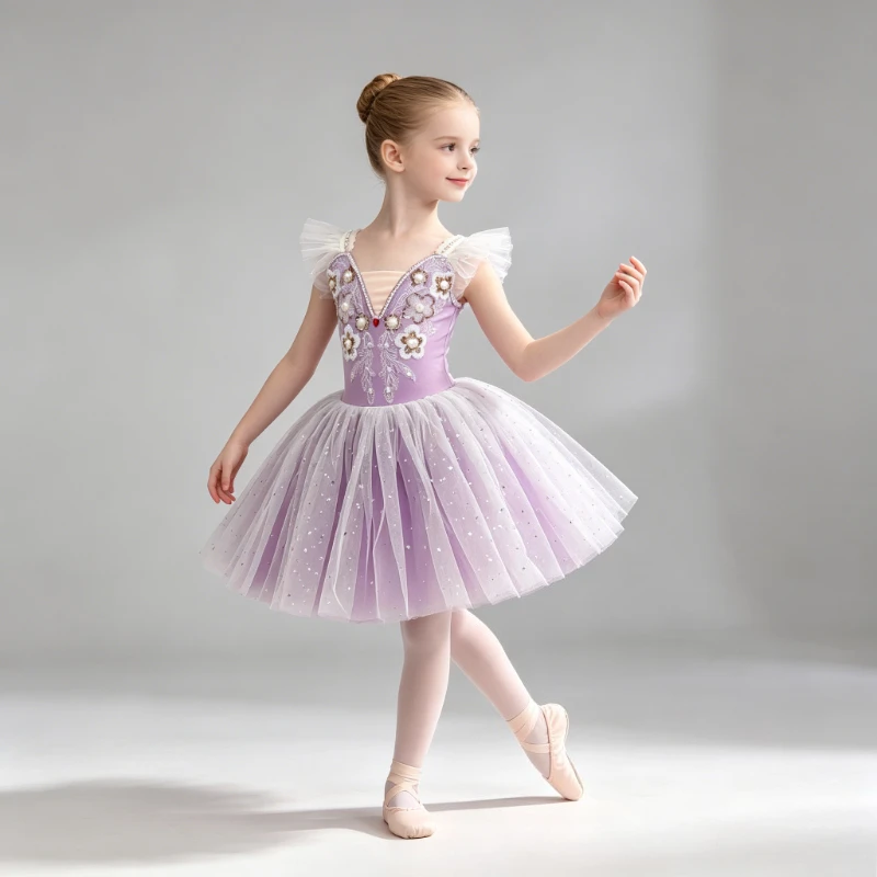 

Kids Girls Star Sequin Floral Beaded Ballet Tutu Dress Children Princess Ballerina Performance Party Dance Costume Vestidos