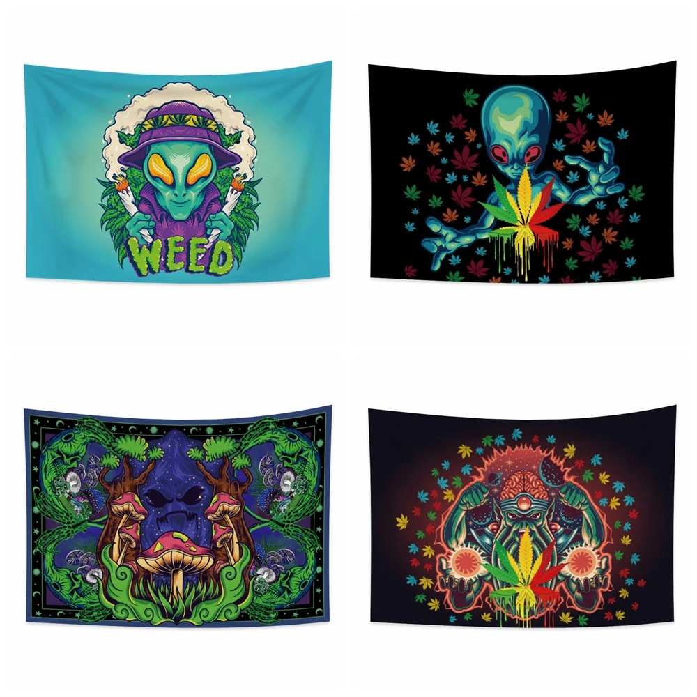 Psychedelic Alien Weed Tapestry Hemp leaves Wall Hanging Carpet For Bedroom Living Room Dorm Tapestries Art Home Decoration