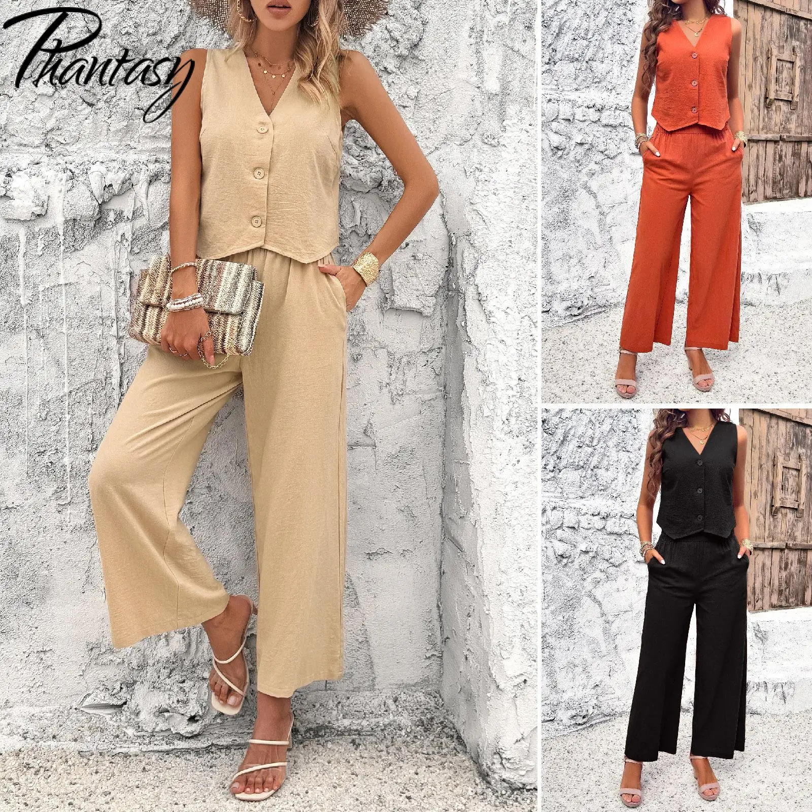 

Phantasy Women Pants Suits Office Lady Two Piece Set Solid V Neck Tops Loose Trouser Vacation Casual Sleeveless Female Clothing