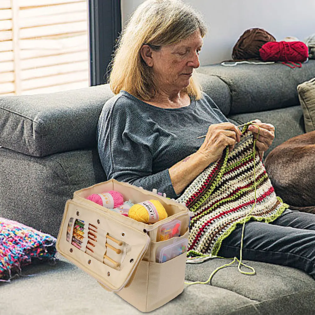 

Canvas Yarn Storage Bag Large Capacity Knitting Bag with Multi-layer Pockets Yarn Holder for Hooks Knitting Needles