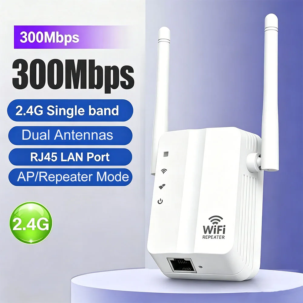 300Mbps 2.4G WiFi Range Extender Repeater Signal Booster Dual Antennas RJ45 LAN Port AP&Repeater Mode Home Internet Booster
