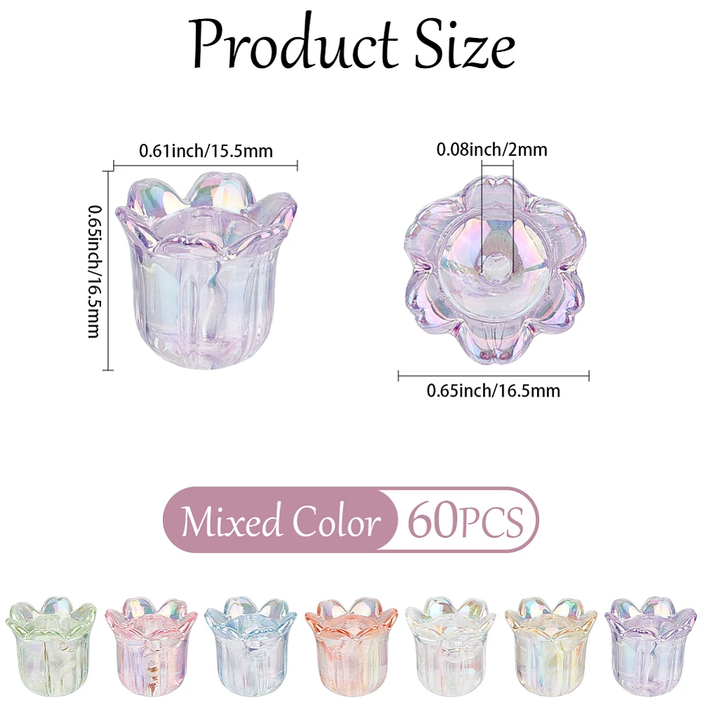 60PCS Acrylic Bell Flower Beads with Hole Spring Floral Shaped Lily Tulip UV Plating Transparent Iridescent Loose Spacer Bead