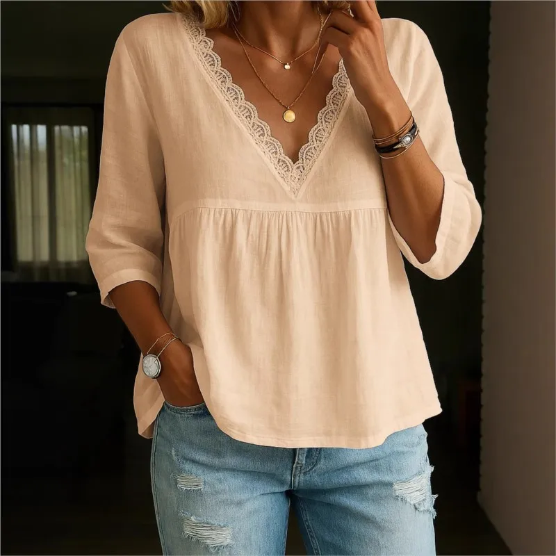 

Women New Loose blouses Long Sleeve V Neck pure Color Shirt Top Flowers Striped Spliced Commuter Style Elegant Top 2025 Summer