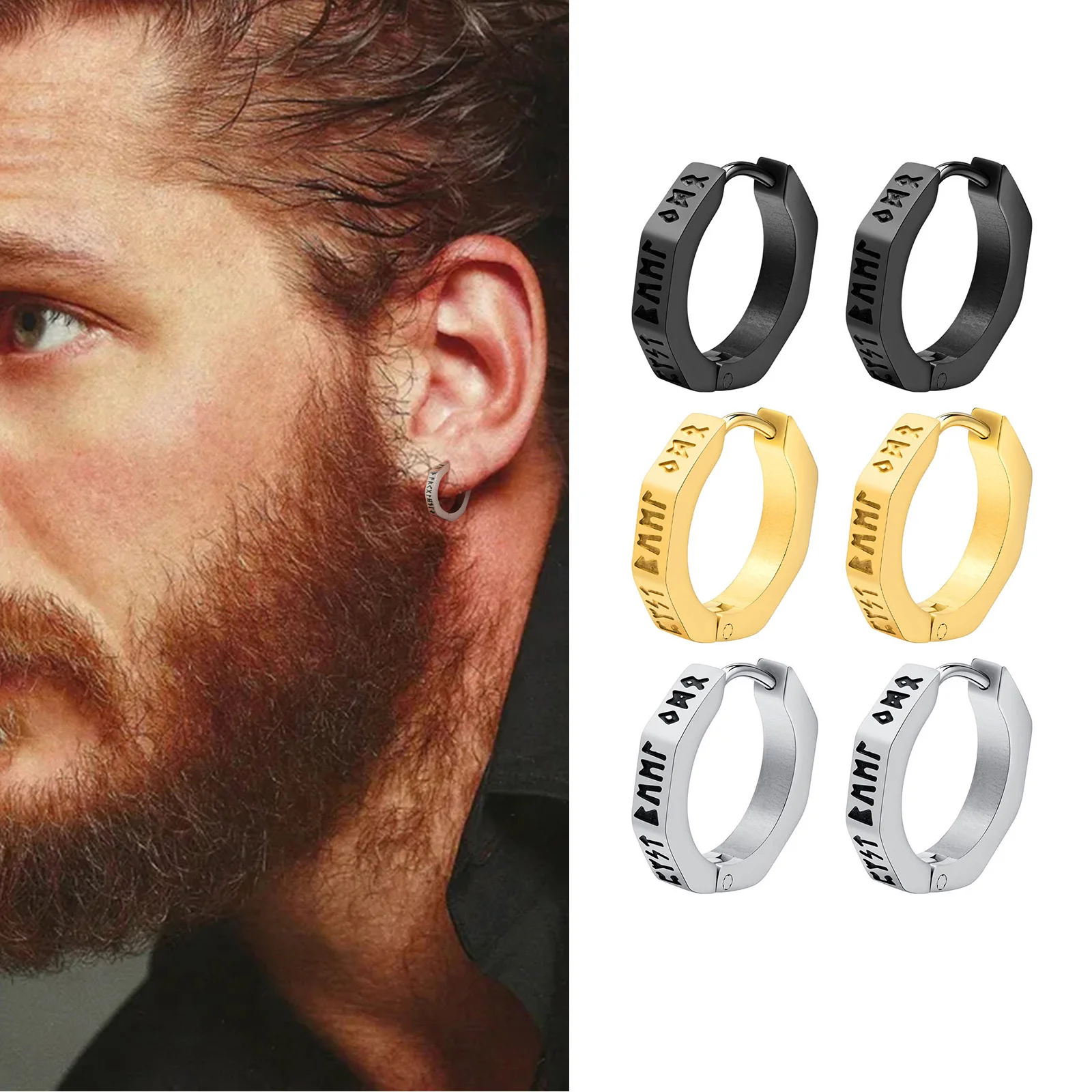 North Viking Hoop Earrings for men Stainless steel Octagon Runes Round Earrings Talisman Stylish Jewelry Viking Gifts for Male