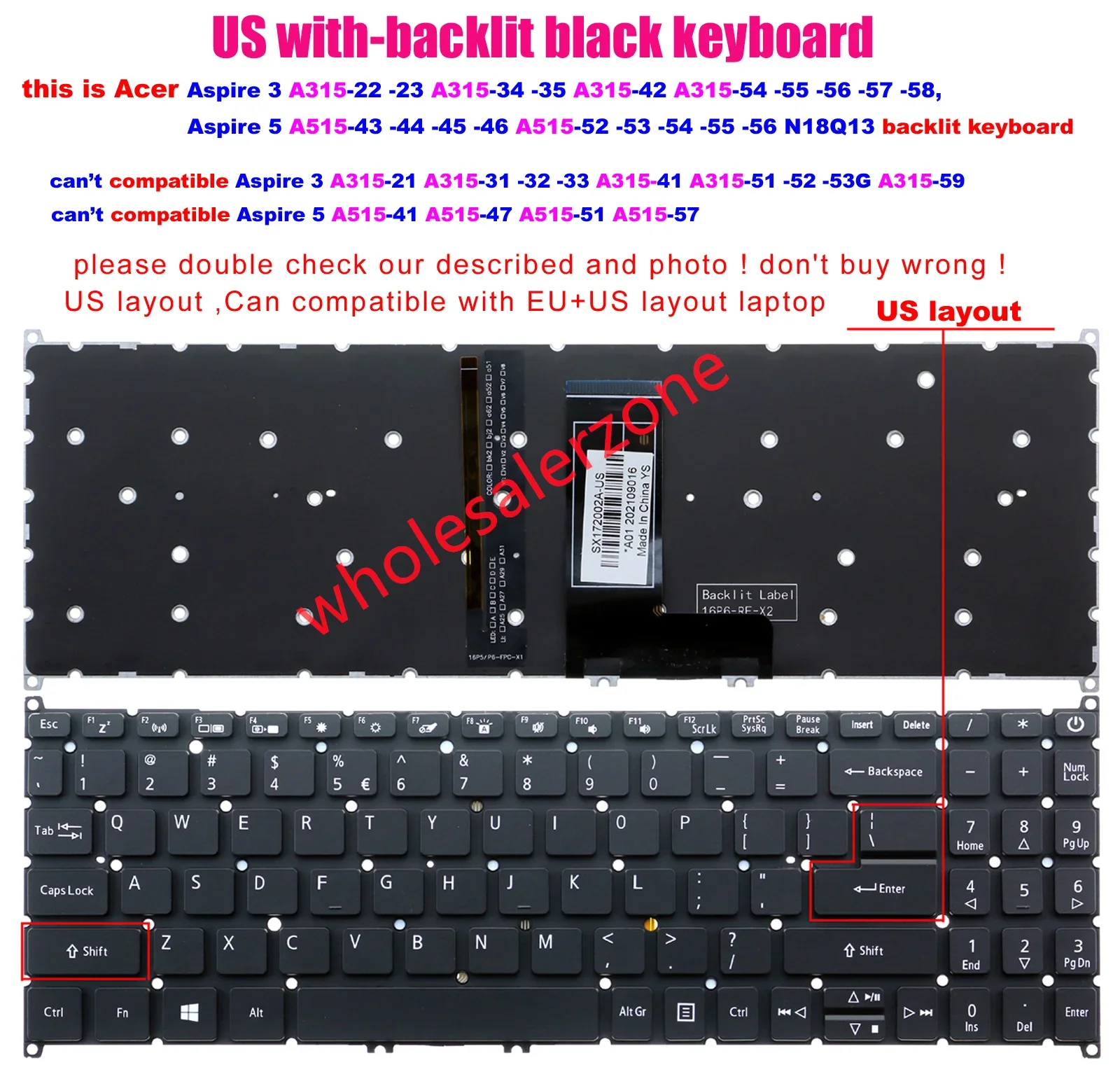 US Keyboard For Acer EX215-21 EX215-22 EX215-31 EX215-51 EX215-52 EX215-52G EX215-53 EX215-53G EX215-54 EX215-54G laptop