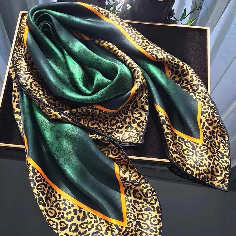 

[BYSIFA] New Emerald Green Silk Scarf Women Brand Leopard Printed Square Scarves 90*90cm Fashion Accessories Headscarves Hijabs