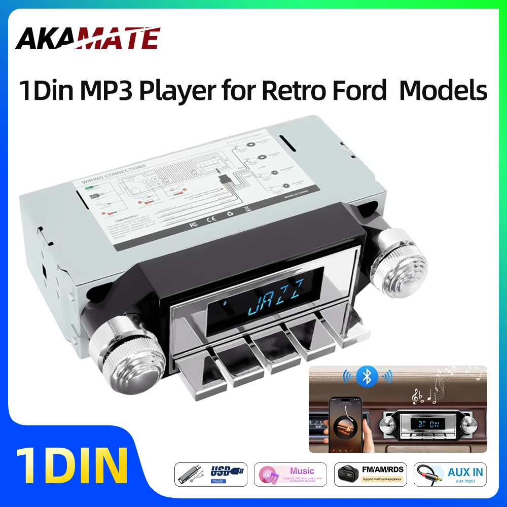 1din Retro Car Radio for Ford Bronco F-Series Mustang Galaxie Ranchero Stereo MP3 Bluetooth Player FM AM RDS Radio AUX USB 12V