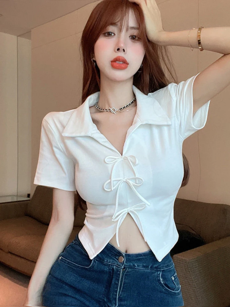 Korean Fashion Crop Tops Solid Color Short Sleeve Bow Forked Summer Female Slim T Shirts All Match Sweet 2024 Women's Clothing