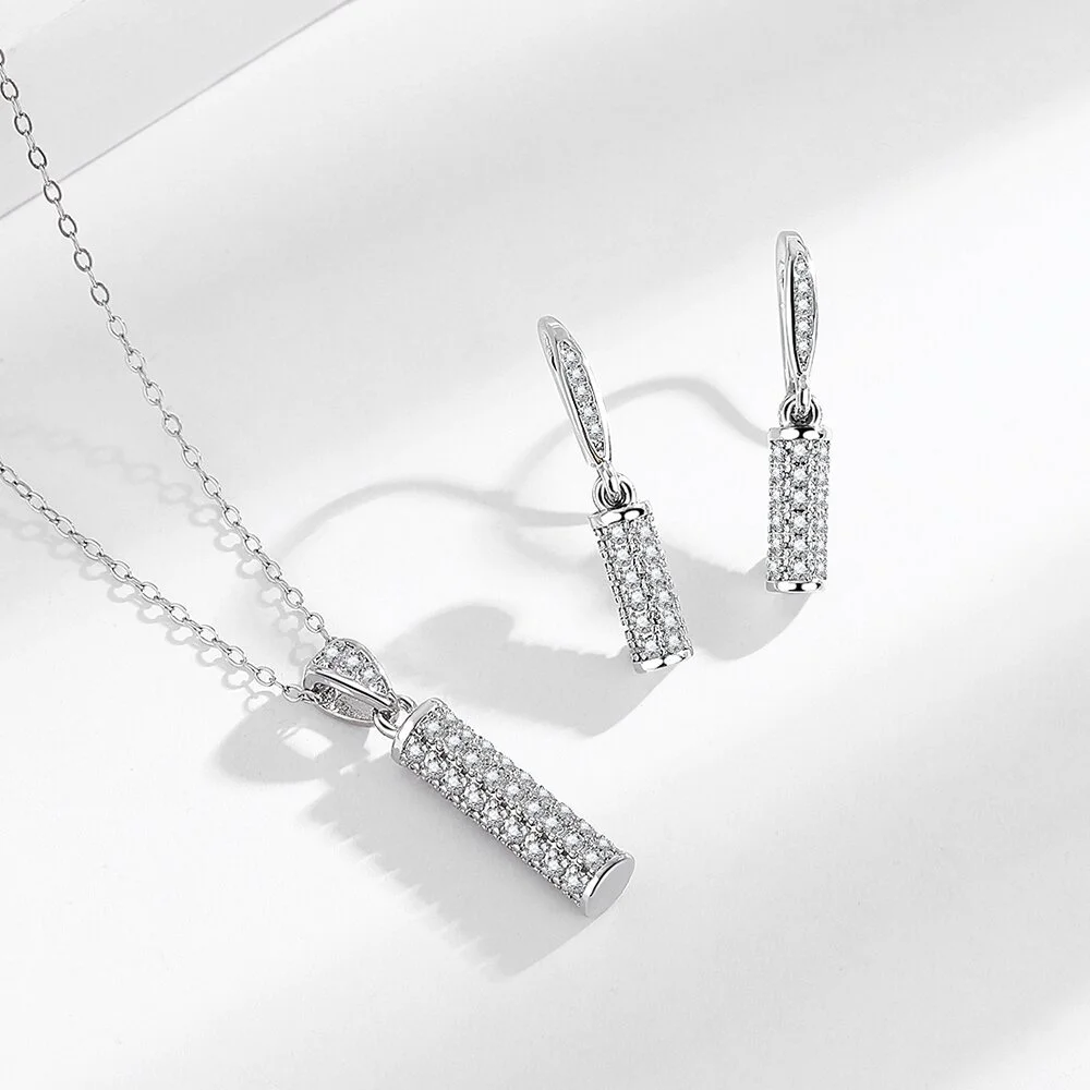 925 Sterling Silver Cylindrical Necklace And Earrings Set Inlaid With AAAAA Zircon Elegant Women's Jewelry Combination