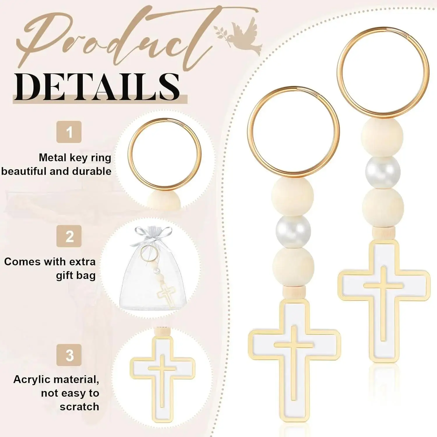 10/20Sets First Holy Communion Favors Rosary Beads with Cross Crucifix Keychain with White Organza Bag Baptism Favors