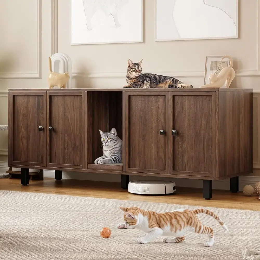 59 Double-Room Cat Litter Box Enclosure with Scratch Pad and Wooden TV Stand Side Table, Walnut Finish