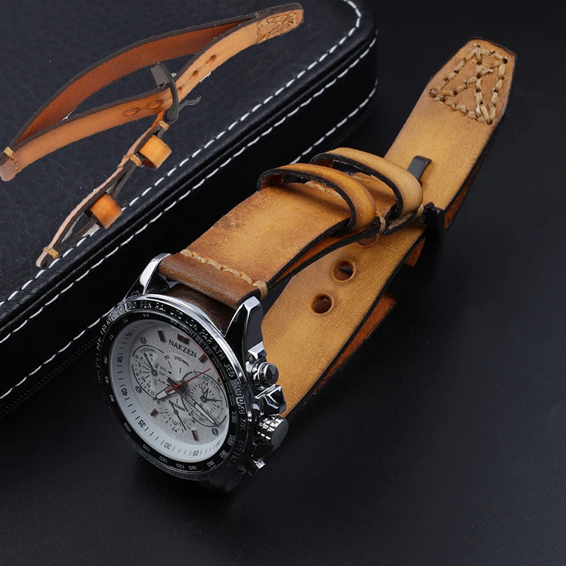 Handmade Vintage Double Layer Leather Strap Watchband Yellow 18mm 20mm 22mm 24mm 26mm Pilot Bracelet for Men Watches Accessories