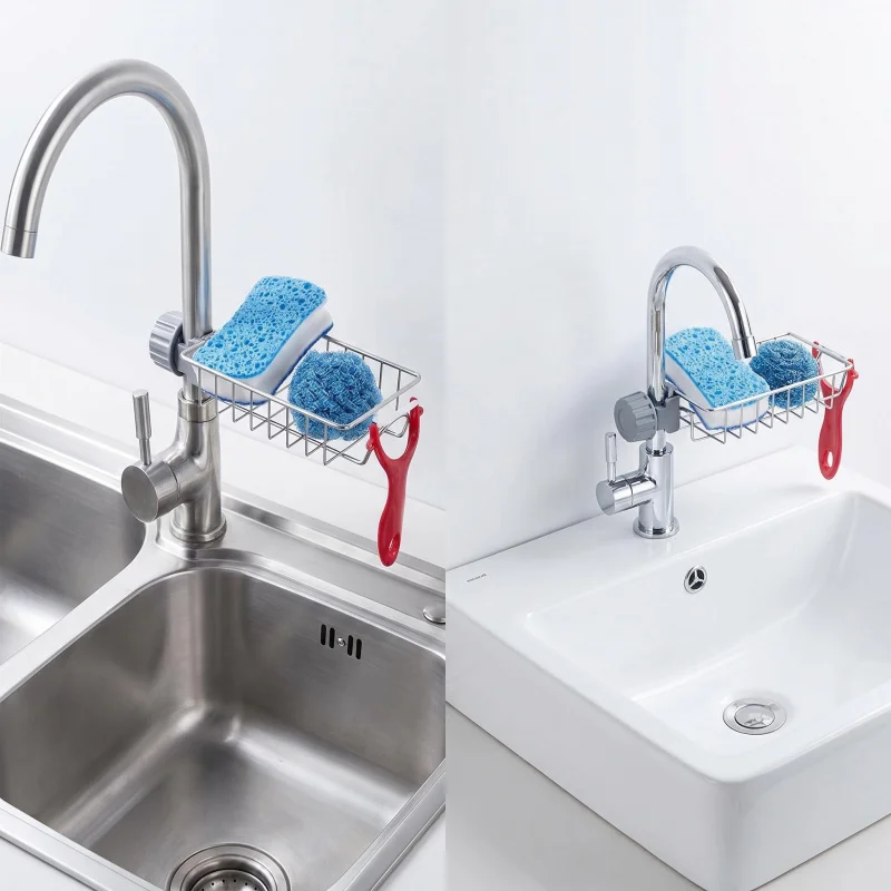 Stainless steel washbasin tray, kitchen sink drain rack, dishwashing sink storage drain basket, multifunctional faucet shelf