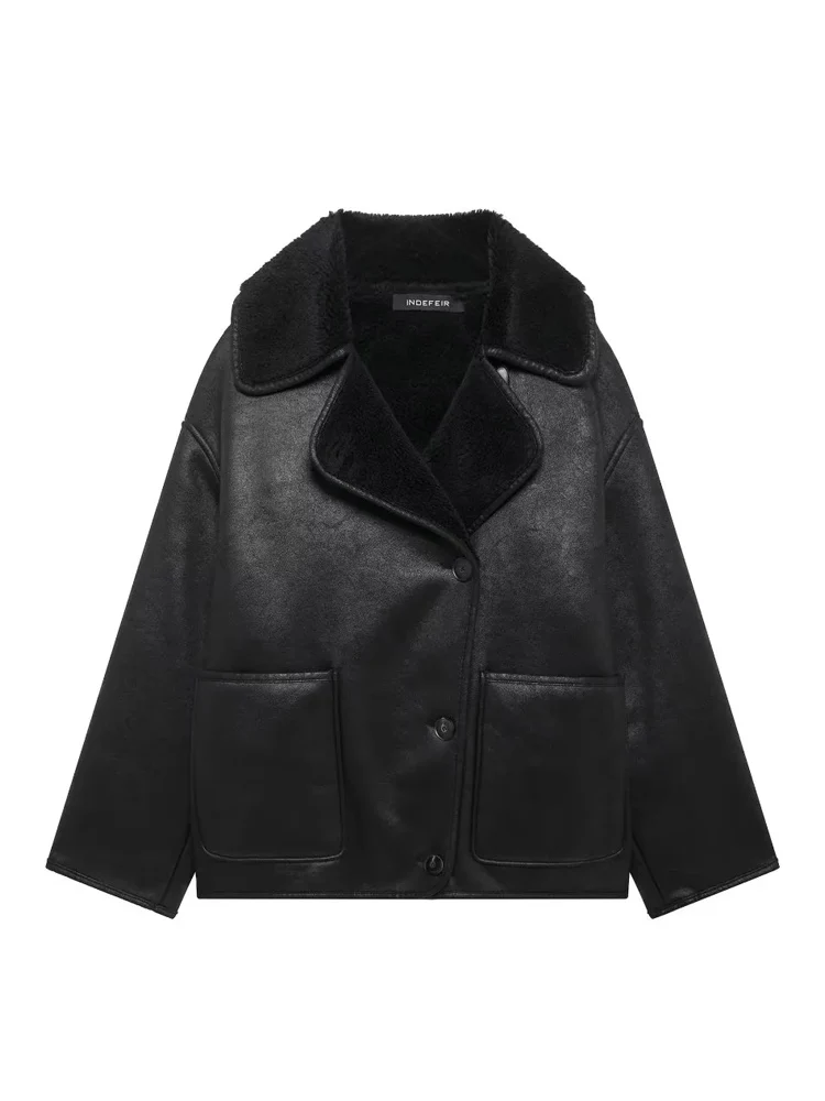 KAOPU ZA Women front patch pockets faux shearling jacket vintage lapel-neck long sleeve button-up female outerwear chic tops