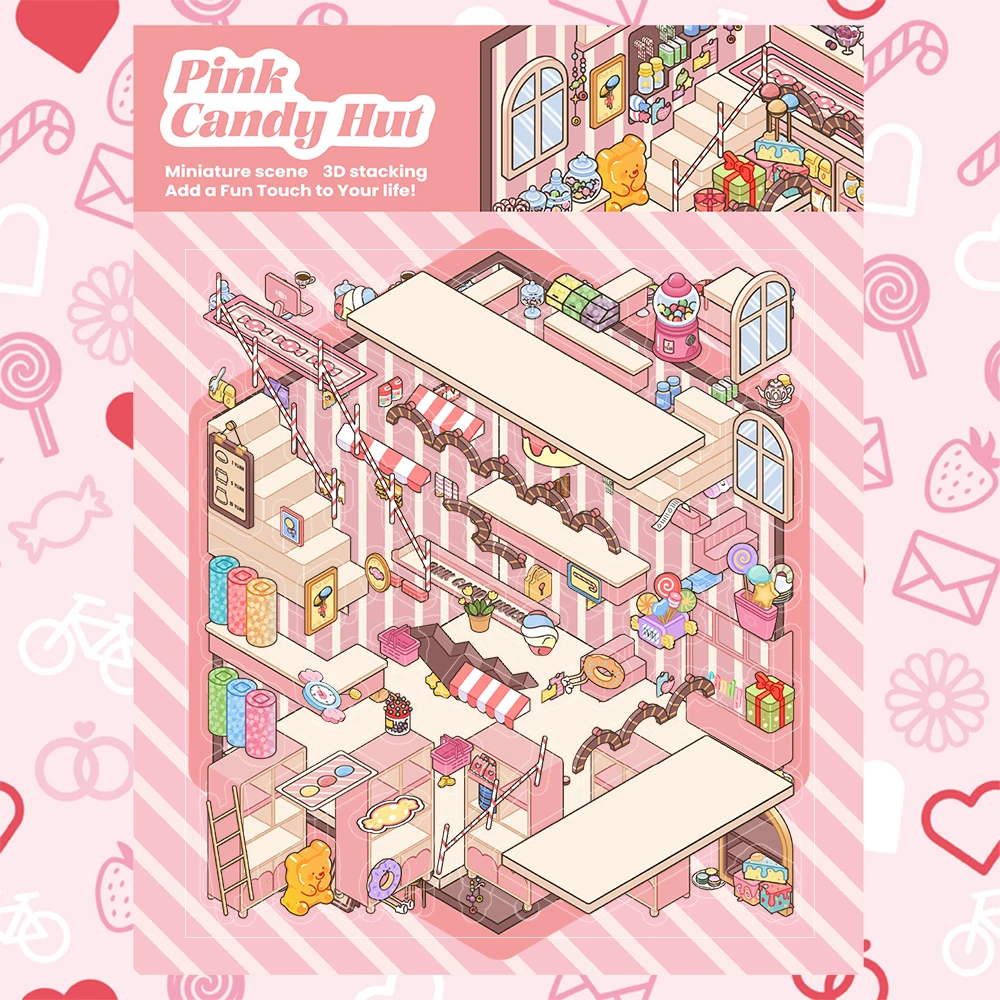 1Set DIY 3D Rosa Candy Shack Miniatur Aufkleber Machen Szenen Warme schöne Aufkleber Visuelle Stapeln Relief Stress Durchgang Die Zeit