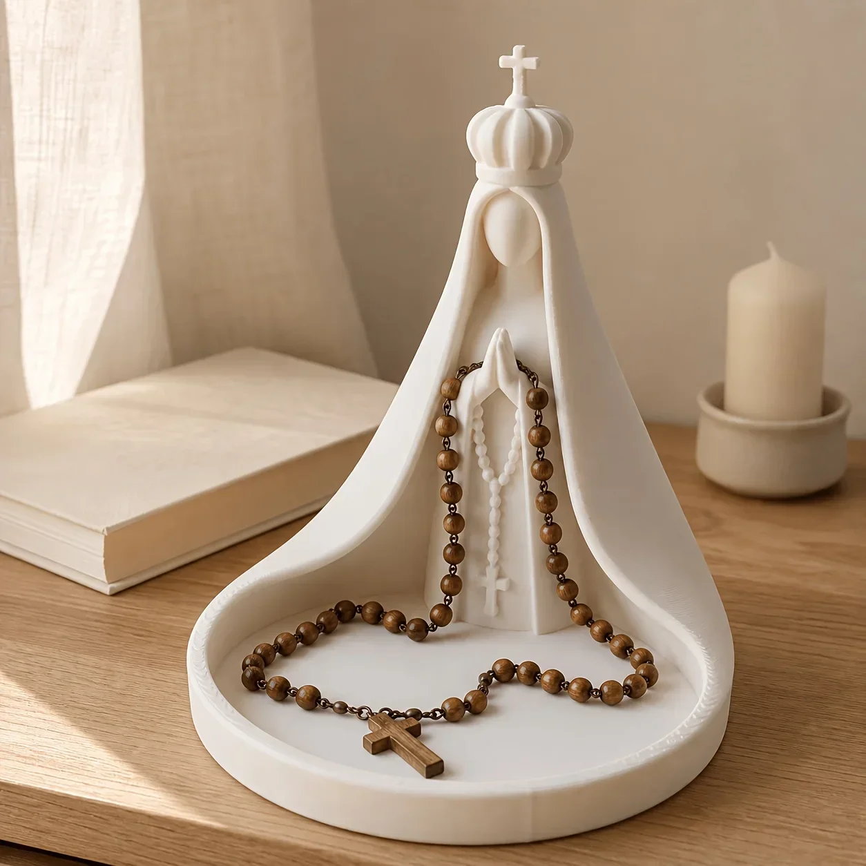 Amell Bear 1pc Crowned Rosary Holder Tray, Cream White Jewelry Dish for Rosary Beads, Necklaces, Rings And Small Keepsakes