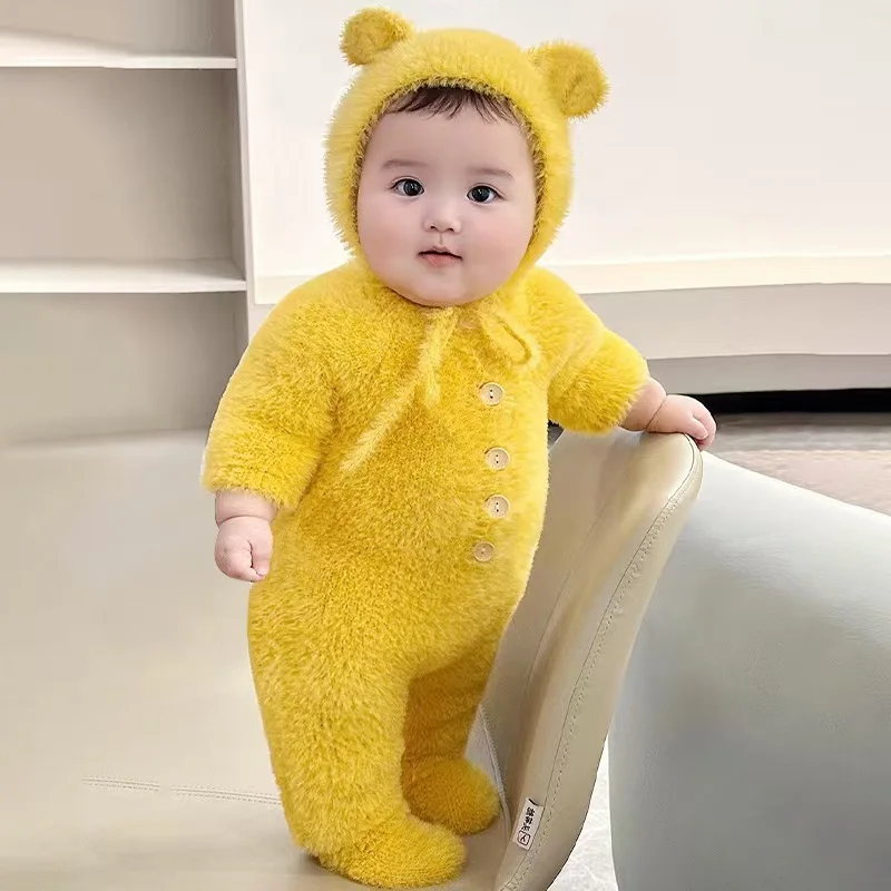 

Newborn Baby Bodysuits Wool Soft Warm Winter Outdoor Baby Clothing Cute Funny Bear Yellow Rompers With Hat