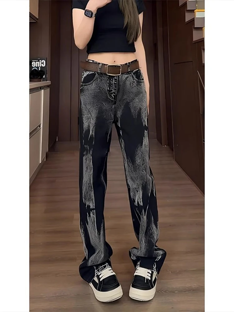 

Мужские джинсы в стиле High Street, американские, с эффектом тай-дай, средней посадки, прямые, с легким расклешением, молодежный стиль