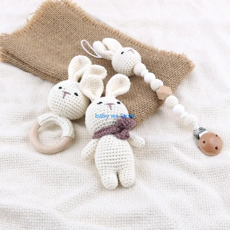 Baby Dummy Clip Teething Rattle Crochet Bunny Toy Rattle Infant Dummy Clip 4XBD
