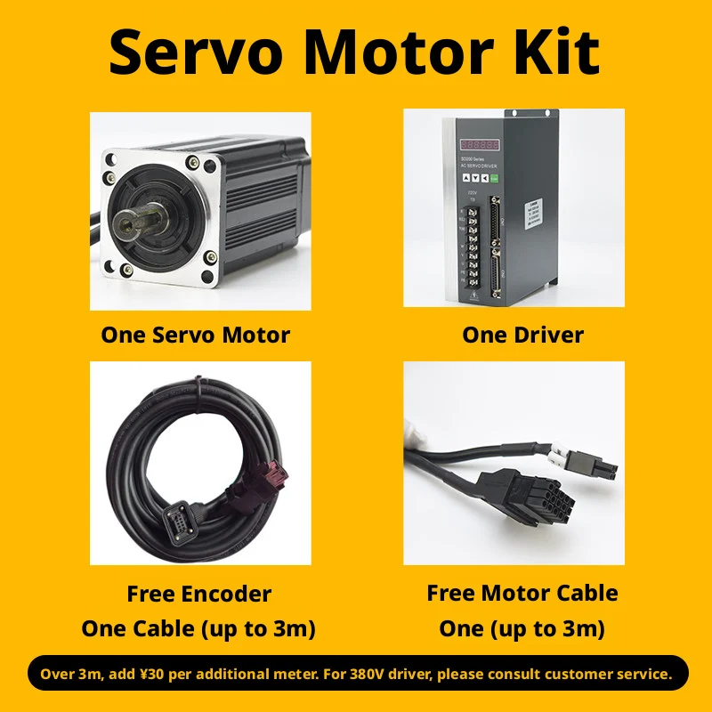 Complete Servo Motor Package: SD200 Driver, 220V Input, 5V/24V Signal, IP54 Protection, Aluminum Case, 3m Cables Included