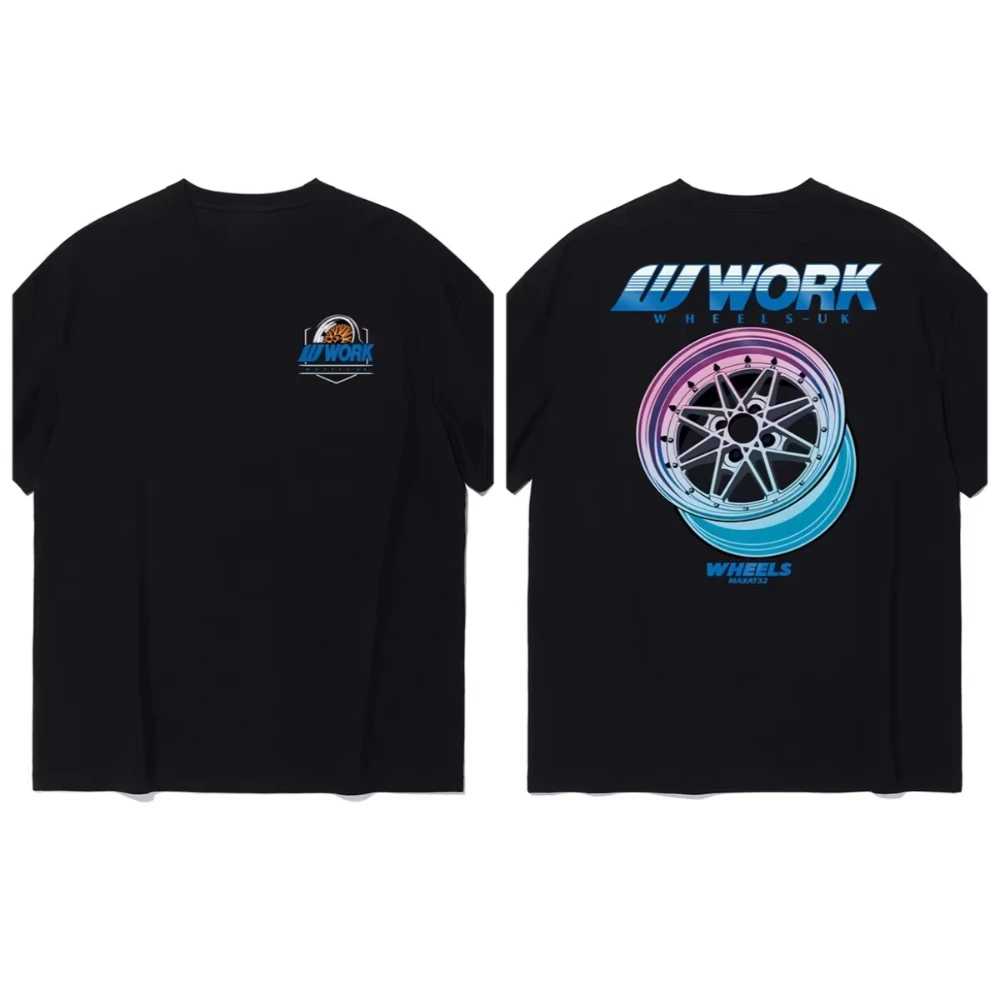 2026 Summer Vintage Oversized T‑Shirt For Adults Kids JDM Car Wheel Rim Double Sided Theme Art Loose Short Sleeve Street Tee